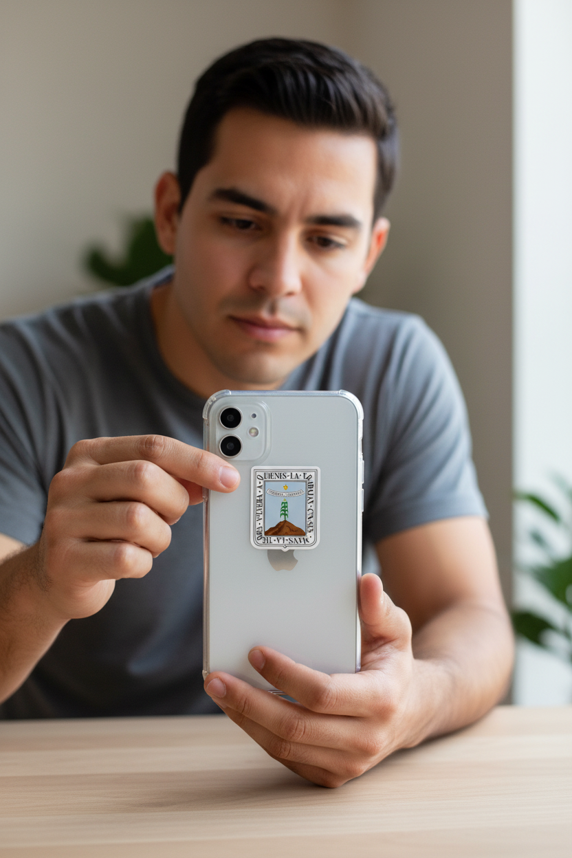  Man indoors holding a smartphone with a die-cut bubble-free sticker of the official coat of arms of Morelos, Mexico — featuring a shield with the phrase “Tierra y Libertad,” symbolizing the state’s values of land and freedom.