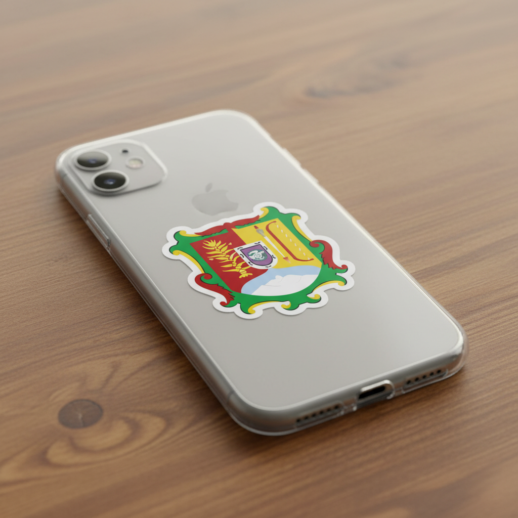  Silver iPhone on a wooden surface featuring a die-cut bubble-free sticker of the official coat of arms of Nayarit, Mexico Colorful shield with red, green, yellow, and blue elements symbolizing the state’s heritage.