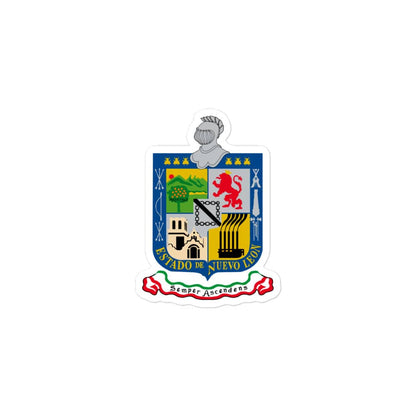 A sticker with the official coat of arms of Nuevo Leon, featuring a blue, yellow, and green design with a building and a small figure.