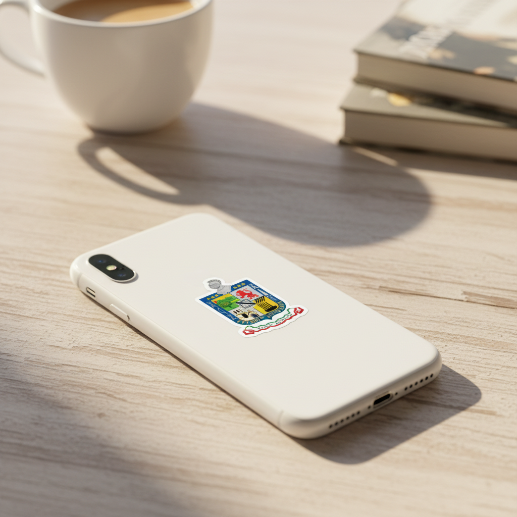 A white phone case with a colorful shield-shaped crest graphic, shown on a smartphone lying on a light wood tabletop next to a white mug and books.