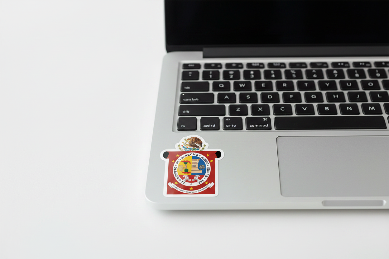 A die cut bubble-free sticker featuring the official coat of arms of Oaxaca. The sticker is white with a graphical design, including a emblem and text, and measures 3 inches by 3 inches next to the trackpad of a MacBook Pro..