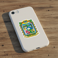  White phone case on a wooden surface featuring a die-cut bubble-free sticker of the official coat of arms of Puebla, Mexico. Detailed multicolor shield with green, red, and gold accents, symbolizing the state’s heritage and industry.