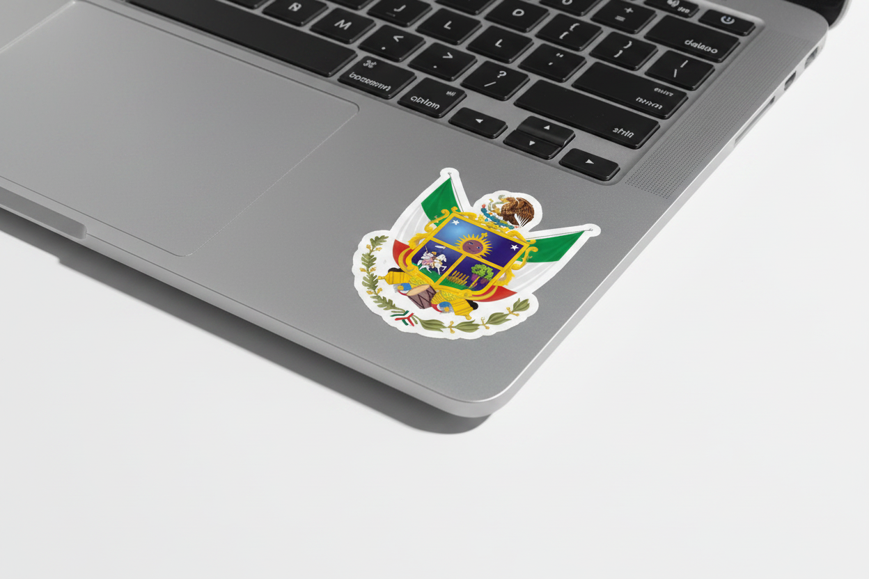 A die cut bubble-free sticker featuring the official coat of arms of Queretaro, predominantly white in color. Applied next to the trackpad of a Macbook Pro.