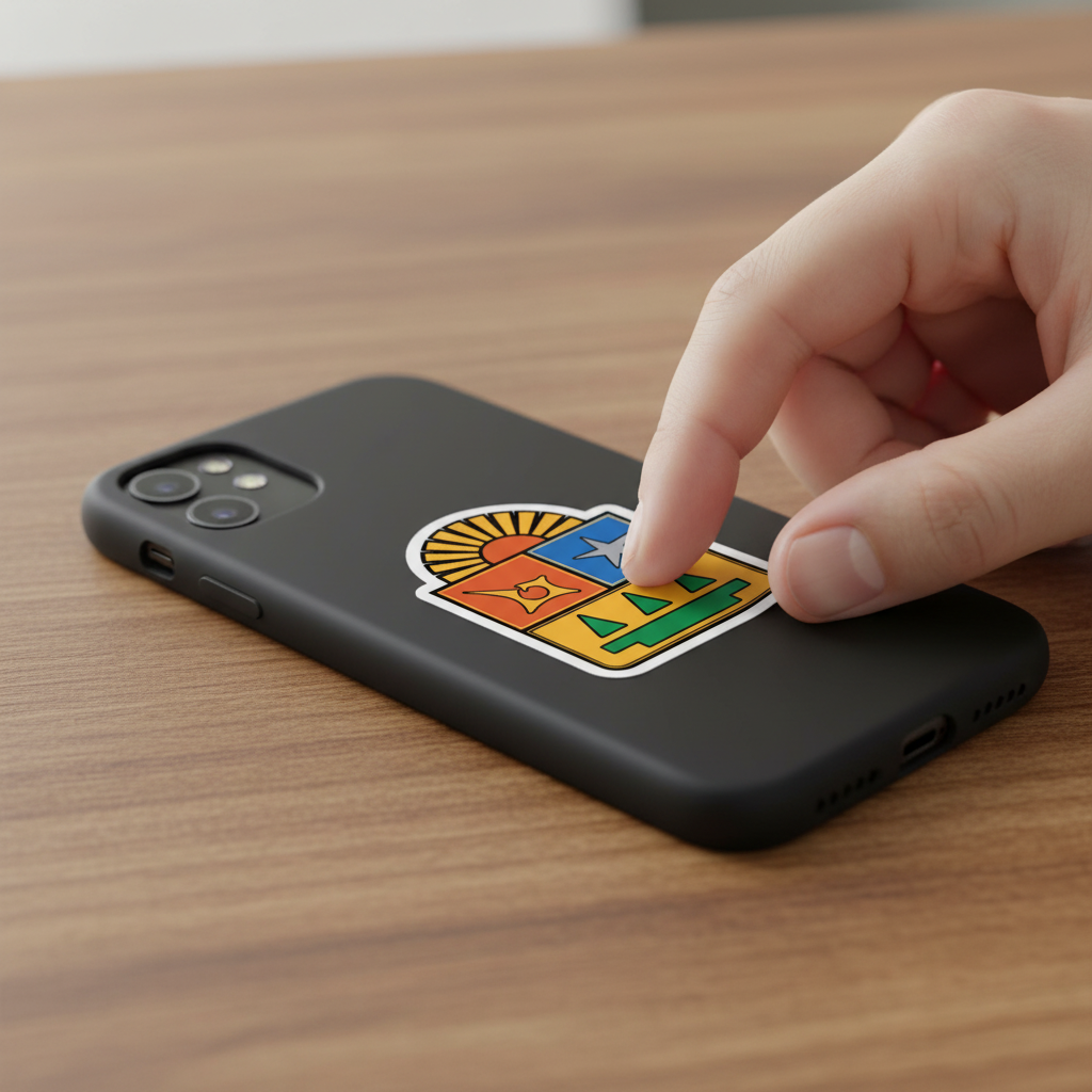 Hand applying a die-cut bubble-free sticker of the official coat of arms of Quintana Roo, Mexico onto a black phone case featuring a yellow-bordered shield with a sun, star, castle, and pyramid design symbolizing the state’s culture and heritage.