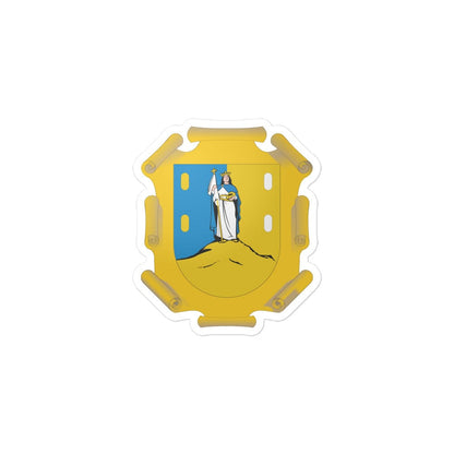Sticker with the Official Coat of Arms of San Luis Potosi, featuring a yellow shield with a blue background, a figure, and a mountain.