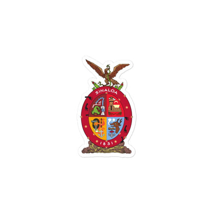 A die cut bubble-free sticker with the official coat of arms of Sinaloa, featuring a red shield with a gold border, a gold and white eagle, and elements that represent the state.