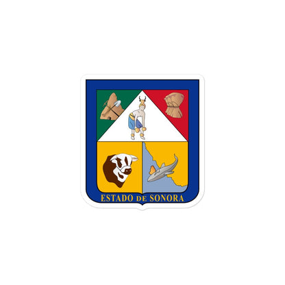 Sticker with the Official Coat of Arms of Sonora, featuring a shield with multiple sections, including a blue quarter with a gold and white emblem, a red quarter with a white emblem, and a yellow quarter with a blue and white emblem. The sticker is white with the text 'ESTADO DE SONORA' at the bottom.
