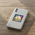  Transparent phone case on a wooden surface featuring a die-cut bubble-free sticker of the official coat of arms of Sonora, Mexico. A square blue-bordered shield divided into four sections with symbols of agriculture, mining, livestock, and fishing, representing the state’s identity.