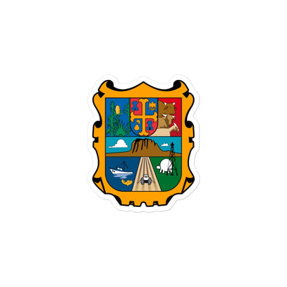 Digital rendering of a die-cut bubble-free sticker featuring the official coat of arms of Tamaulipas, Mexico — a gold-bordered shield divided into sections showing agriculture, maritime trade, industry, and cultural heritage, symbolizing the state’s identity.