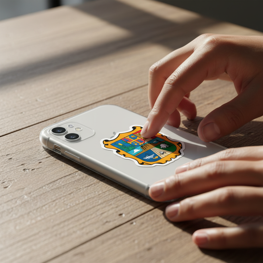  Hand applying a die-cut bubble-free sticker of the official coat of arms of Tamaulipas, Mexico onto a white phone case — featuring a gold-bordered shield with detailed illustrations of agriculture, industry, mountains, and waterways representing the state’s identity.