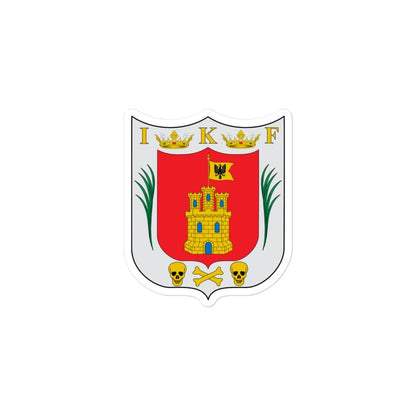 A sticker with the Official Coat of Arms of Tlaxcala, featuring a red shield with a gold castle, a green palm, and two skulls on a white background.