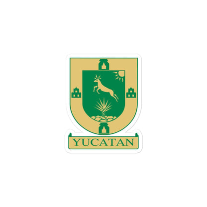 A sticker with the Official Coat of Arms of Yucatan, featuring a shield with a deer, palm, and decorative elements, and the word 'YUCATAN' written at the bottom.