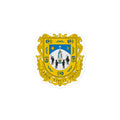 A sticker with the Official Coat of Arms of Zacatecas, featuring a yellow shield with a blue sky, green trees, and a prominent figure in the center.