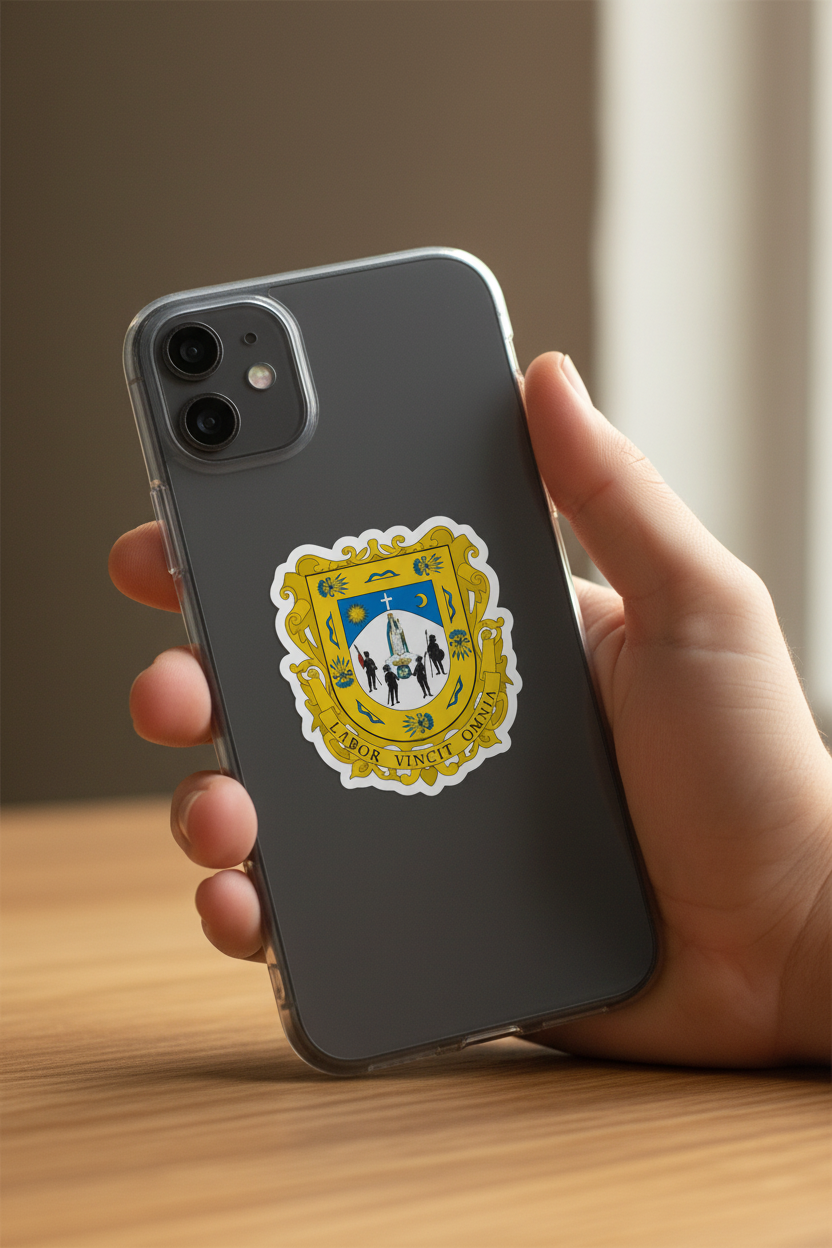 A hand holding a dark gray smartphone case with a yellow and white embroidered-style crest sticker on the back, shown against a softly blurred indoor background.