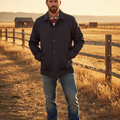Men's dark navy denim chore coat with button front and flap pockets