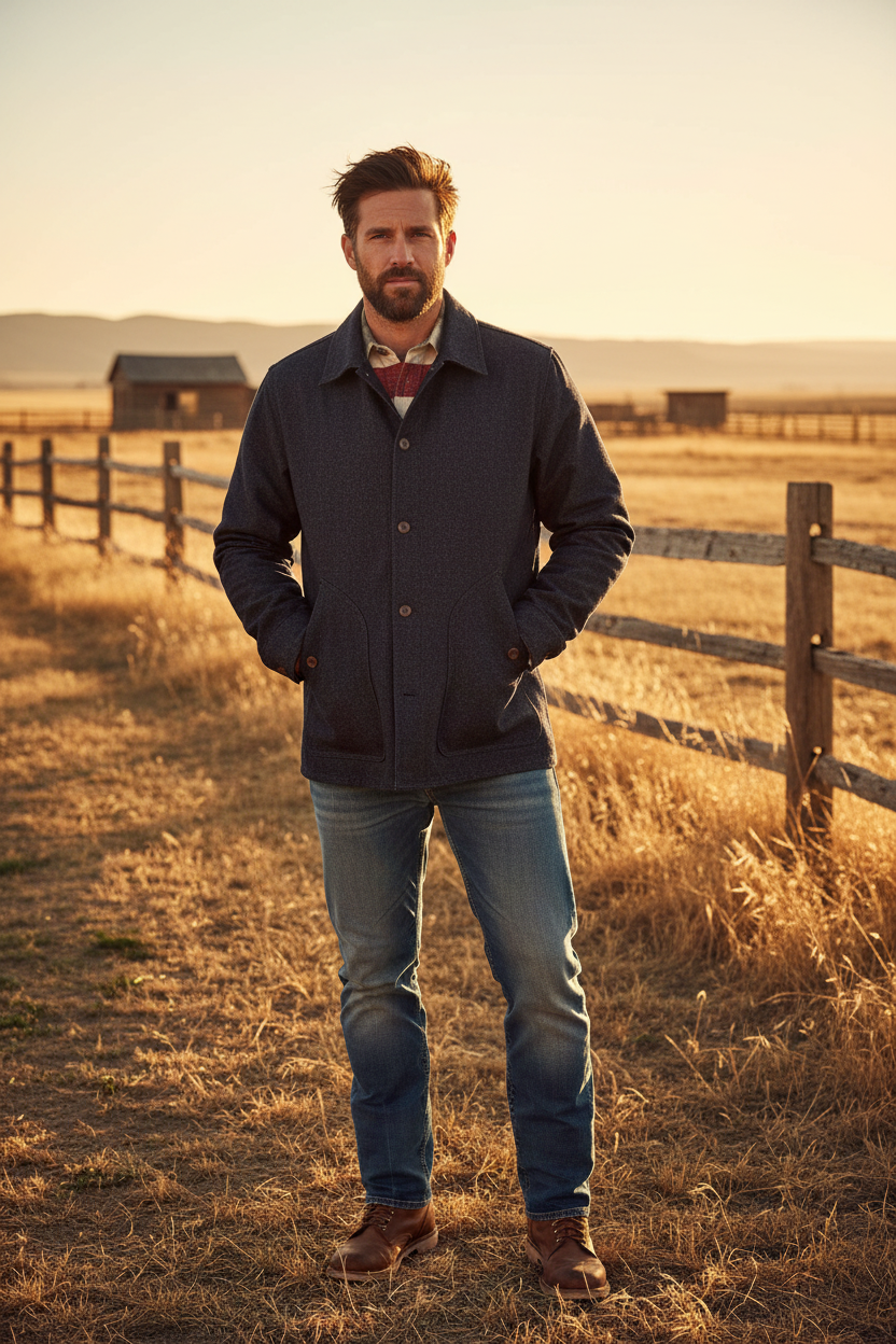 Men's dark navy denim chore coat with button front and flap pockets