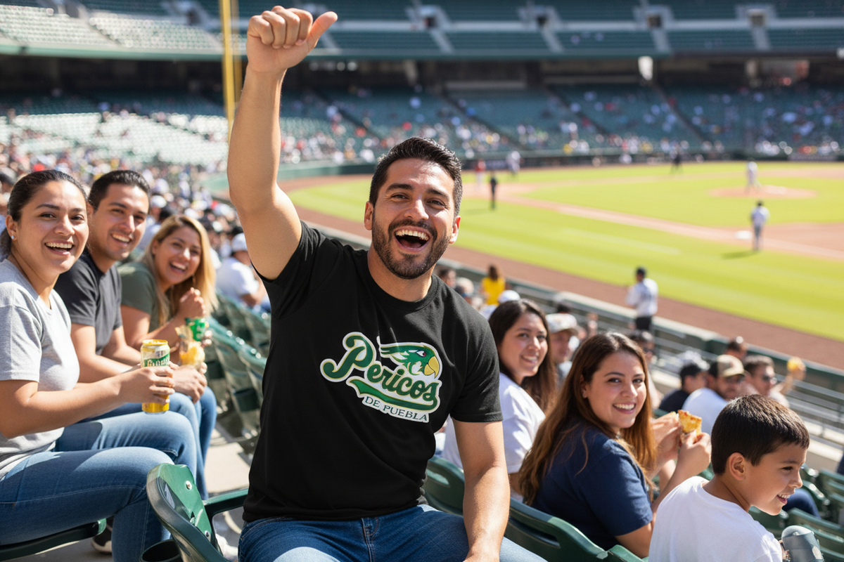A man in a baseball stadium wearing a black t-shirt with a green and white 'Pericos' logo, cheering with a raised fist. Other spectators are seated around him in the stands, with the baseball field visible in the background.