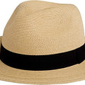 A beige paper straw Panama hat with a black band, an adjustable inner size system, and a detachable chin cord strap.