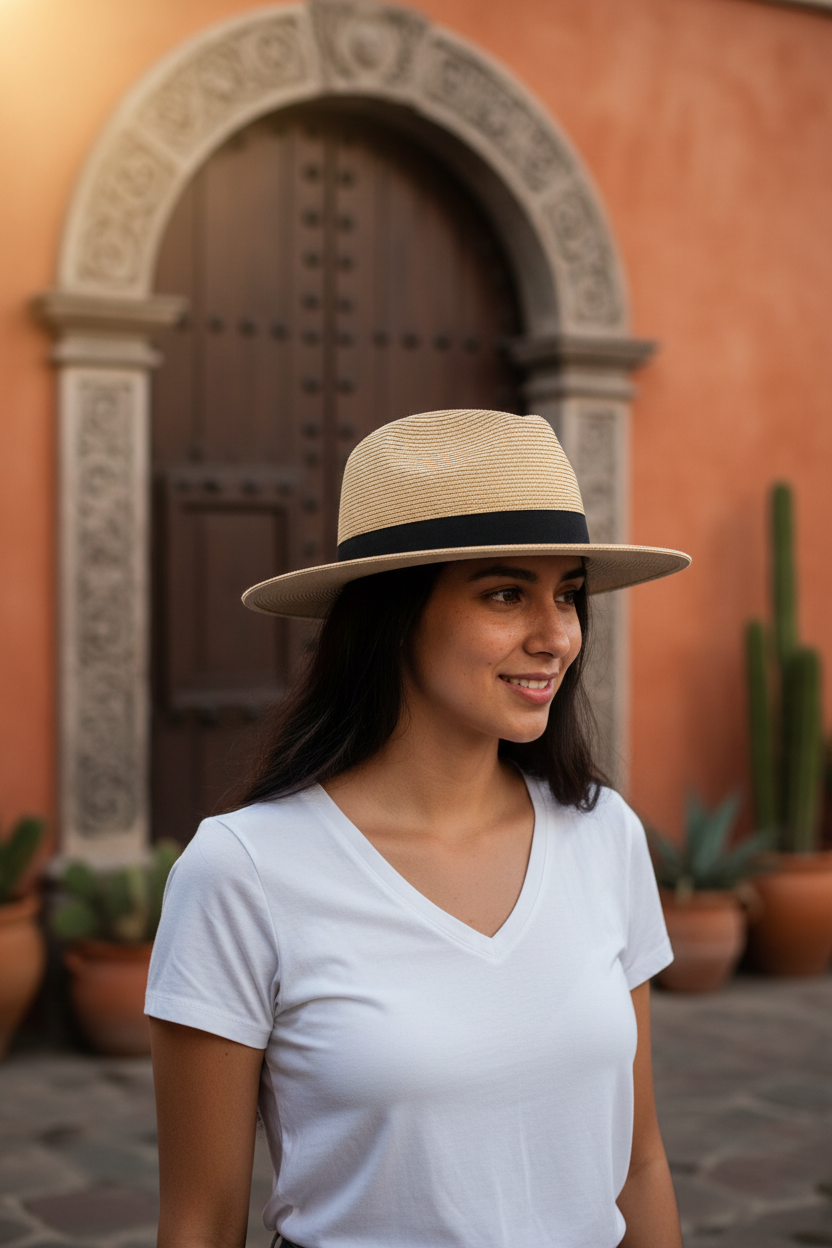 A beige paper straw Panama hat with a black band, an adjustable inner size system, and a detachable chin cord strap.
