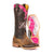 Brown cowboy boots with pink ribbon logo on side; tan insole view