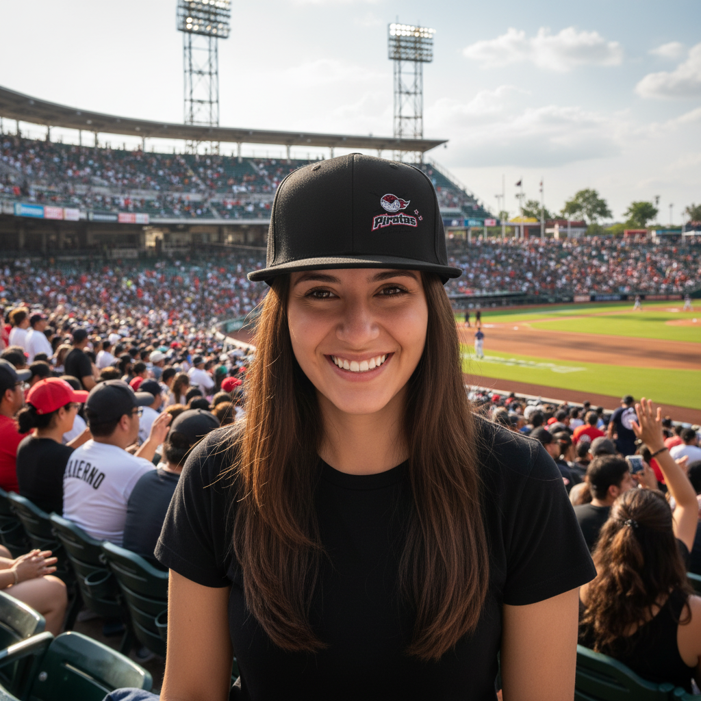 A smiling woman in a crowded stadium stands in the stands, wearing a black baseball cap with a small red and white Piratas de Campeche logo and a black t-shirt, with a baseball field and stadium seating in the background.