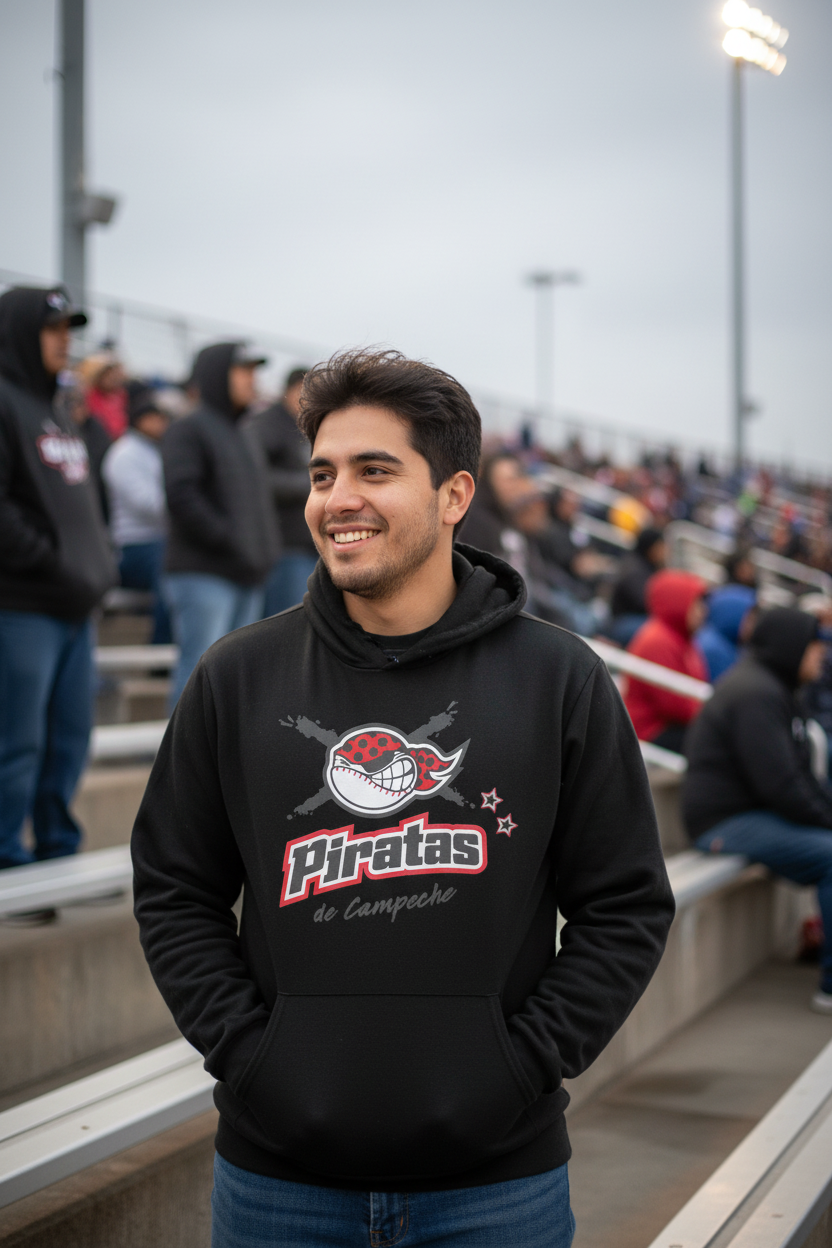 A man smiling in a stadium wearing a black hoodie with a red and white 'Piratas de Campeche' logo on the front, with blurred bleachers and spectators in the background.