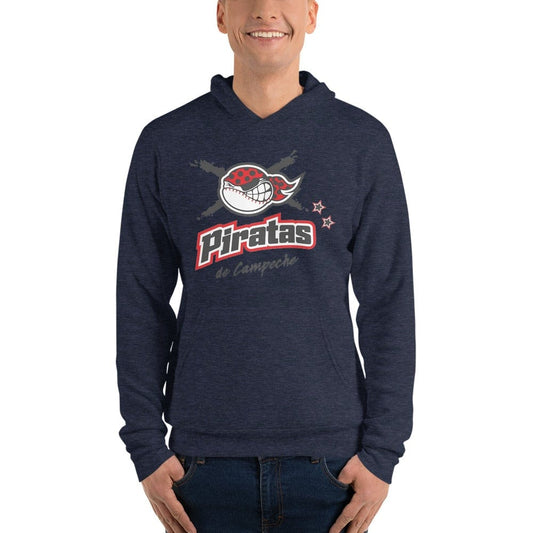 A person wearing a navy hoodie with 'Piratas de Campeche' tlogo on the front.