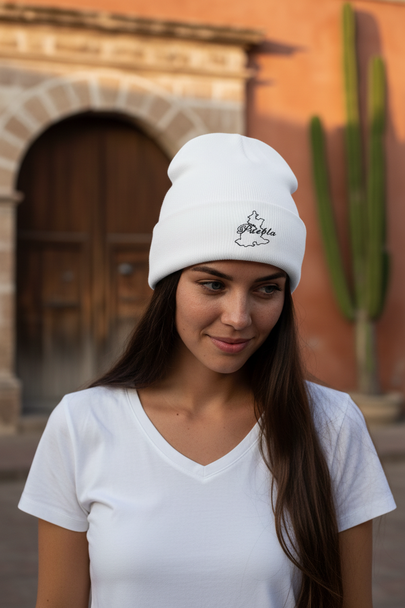 A woman wearing a white knit beanie with a black embroidered logo that reads 'La Piel de Miel' poses outdoors in front of a warm-toned stone building and cactus.