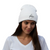 White ribbed beanie hat with embroidered front logo and turned-up cuff
