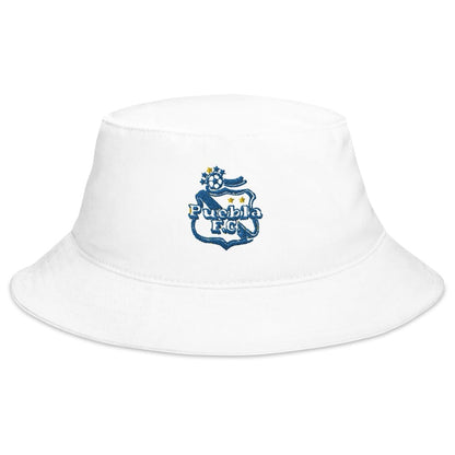 A white bucket hat with the Puebla F.C. logo embroidered on the front.
