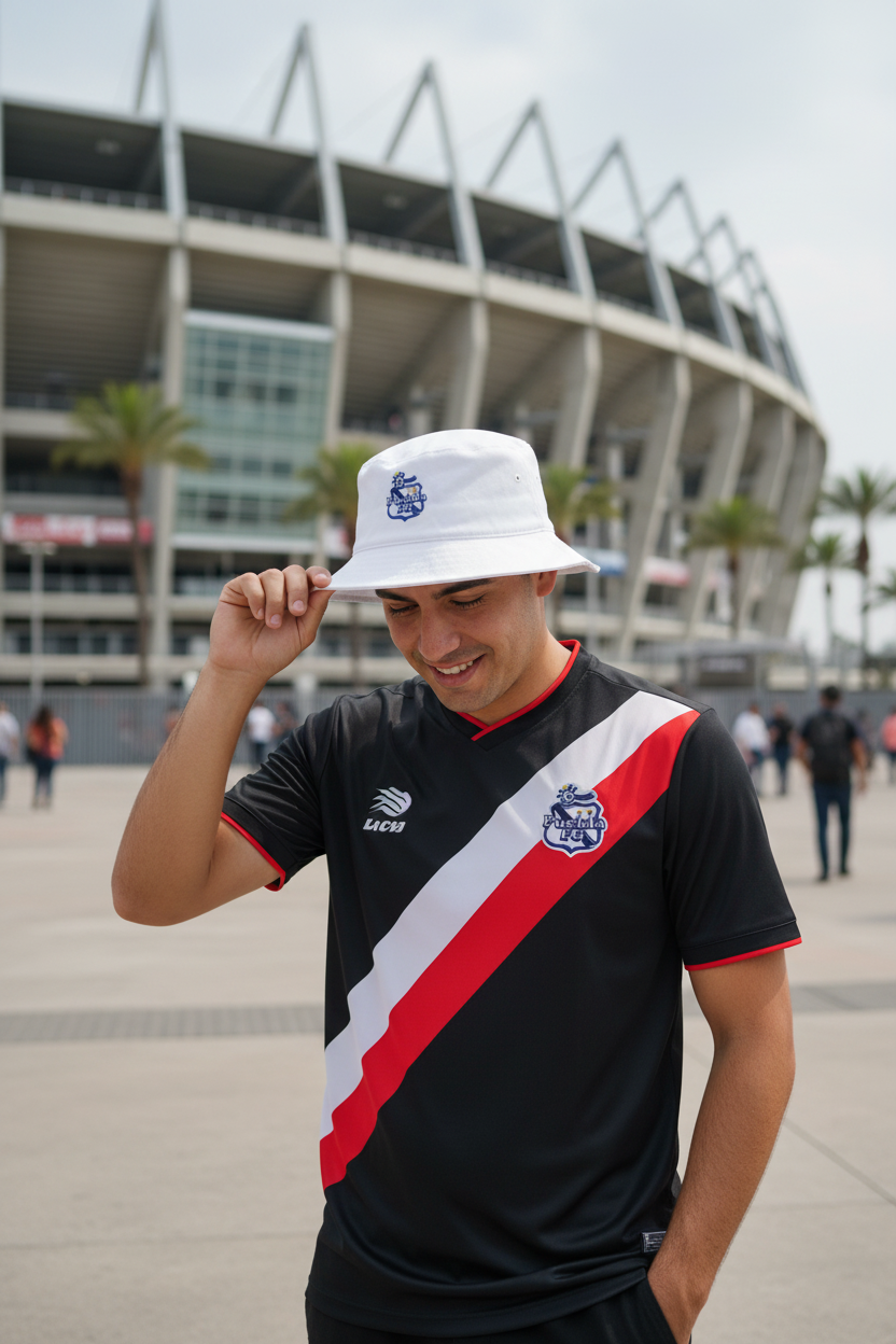 A white bucket hat with the Puebla F.C. logo embroidered on the front.