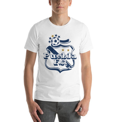 A person wearing a white crew neck t-shirt with the Puebla F.C. logo in blue and gold.