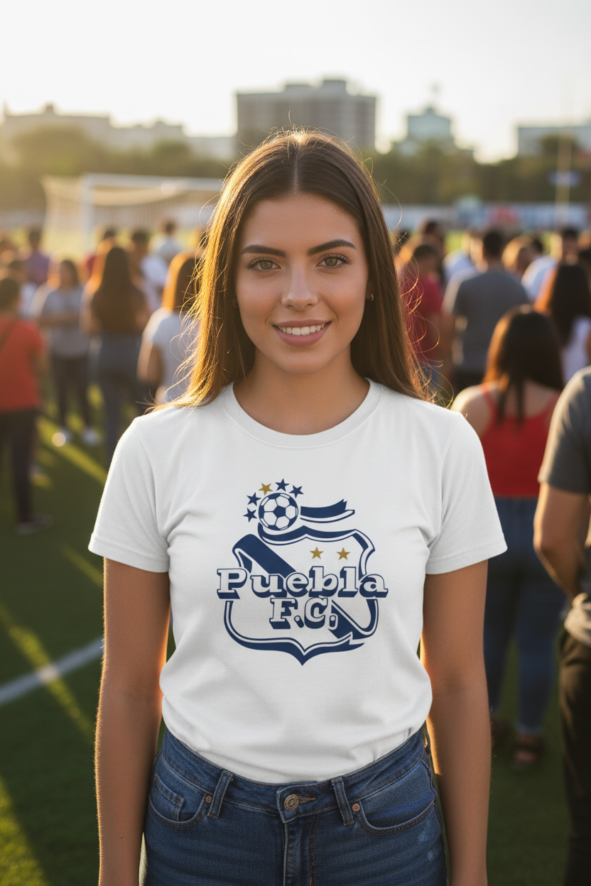A smiling young woman stands on an outdoor sports field at sunset wearing a white short-sleeve T-shirt with a navy blue 'Puebla FC' soccer crest graphic on the front, paired with blue jeans.
