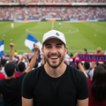 A smiling man in a black t-shirt and a white Puebla FC baseball cap stands in a crowded stadium, with a soccer field and cheering fans in the background.