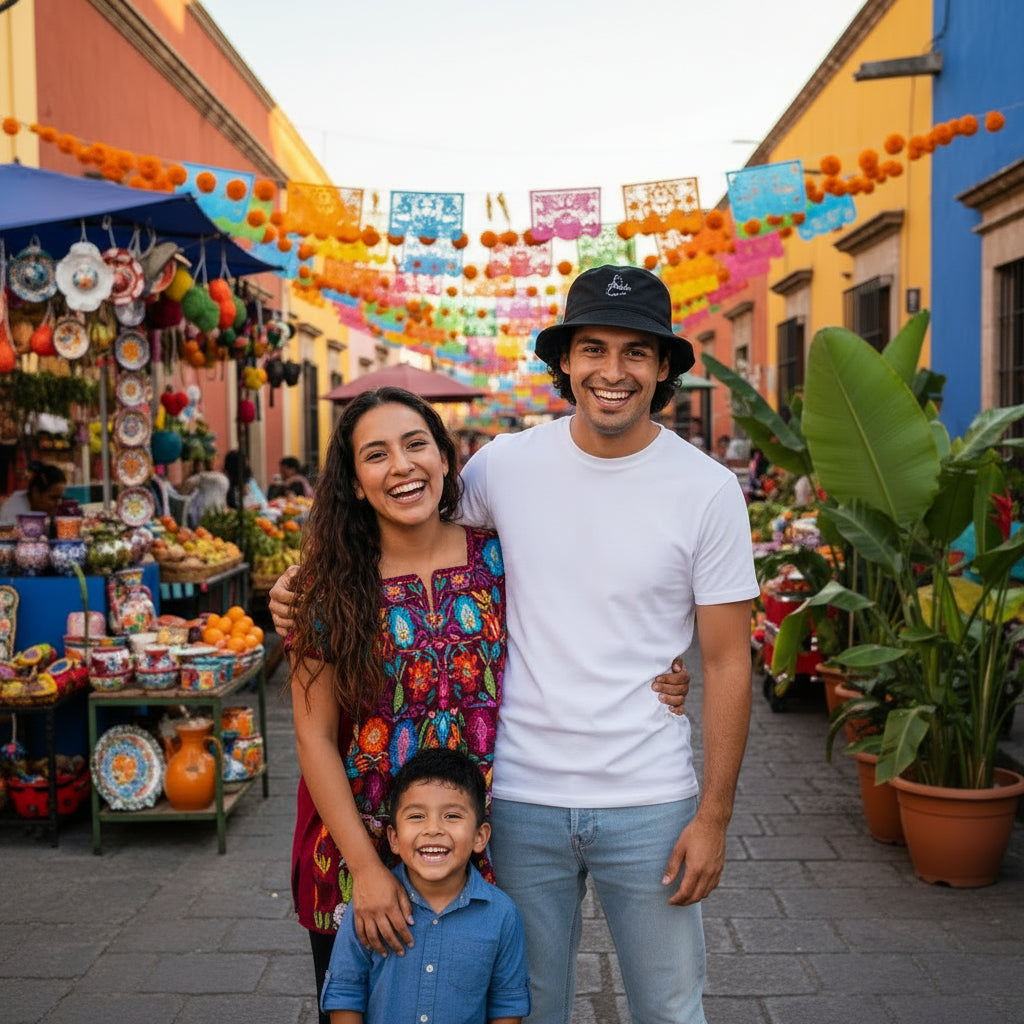 A smiling family of three posing together in a vibrant, colorful street market. The father wears a white t-shirt and light blue jeans, the mother wears a colorful patterned blouse, and their son wears a blue button-up shirt.