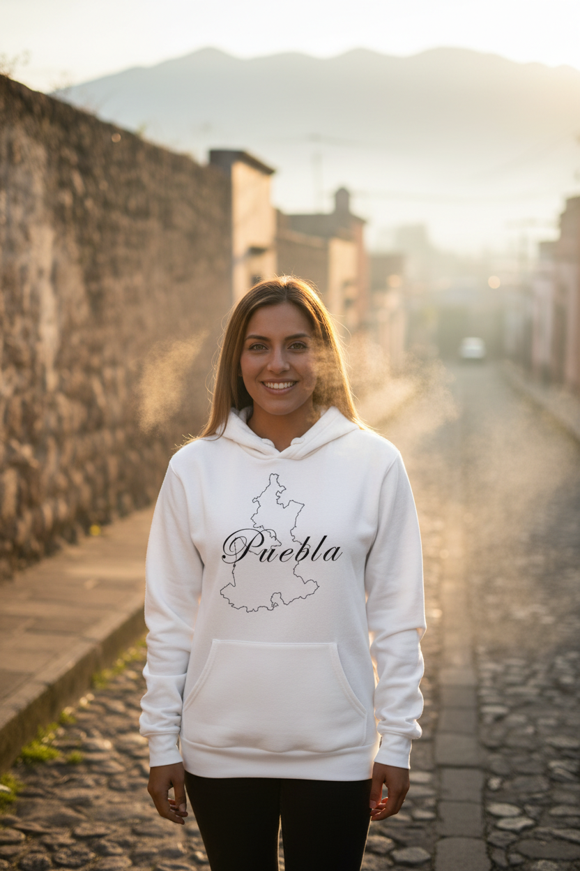 A smiling woman stands on a cobblestone street at sunset wearing a white hoodie with a black outline map of Puebla and the word 'Puebla' across the chest, paired with black pants.