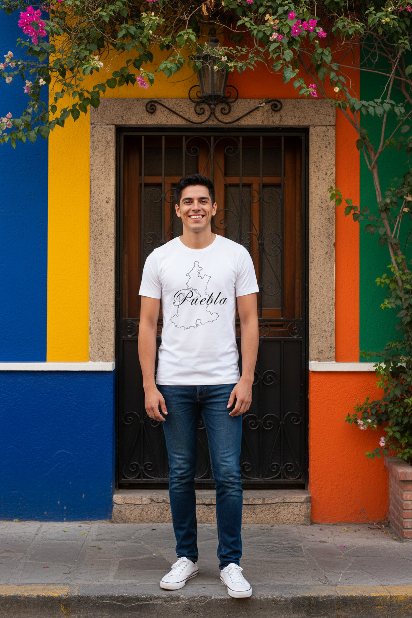 A person wearing a white short-sleeved T-shirt with the word 'Puebla' printed in black text.