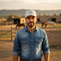 A man wearing a light blue denim western-style shirt, dark blue jeans, a brown belt, and a white baseball cap stands outdoors in a rural setting with a fence, horses, and buildings in the background.
