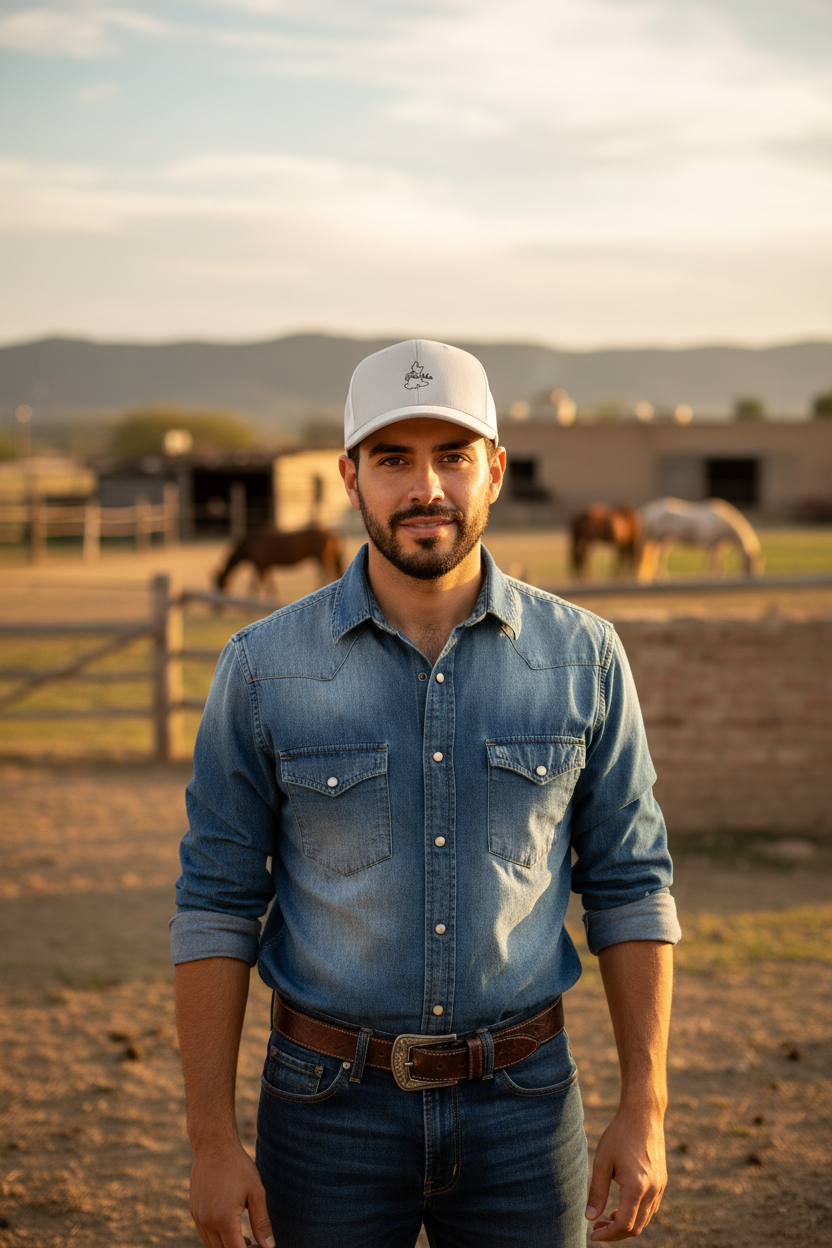 A man wearing a light blue denim western-style shirt, dark blue jeans, a brown belt, and a white baseball cap stands outdoors in a rural setting with a fence, horses, and buildings in the background.