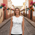 A woman wearing a white unisex muscle shirt with the text 'Puebla' and a silhouette of the city's map outline.
