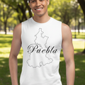 A person wearing a white sleeveless muscle shirt with 'Puebla' written on it in a large, bold font.