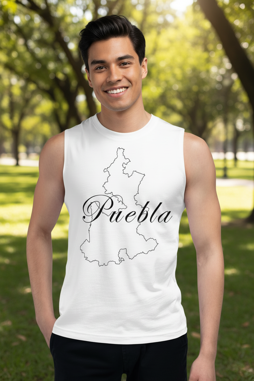 A person wearing a white sleeveless muscle shirt with 'Puebla' written on it in a large, bold font.