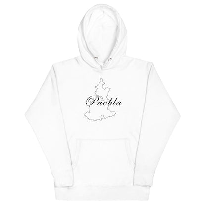A white unisex premium hoodie with a hood and a front pouch pocket, featuring a black graphic of 'Puebla' on the front.
