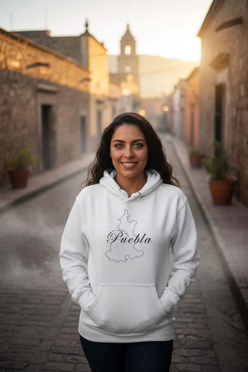 A white unisex premium hoodie with a hood and a front pouch pocket, featuring a black graphic of 'Puebla' on the front.