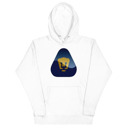 White hoodie with a hood featuring a Pumas UNAM graphic design in the center, a front pouch pocket, and ribbed hem and cuffs.