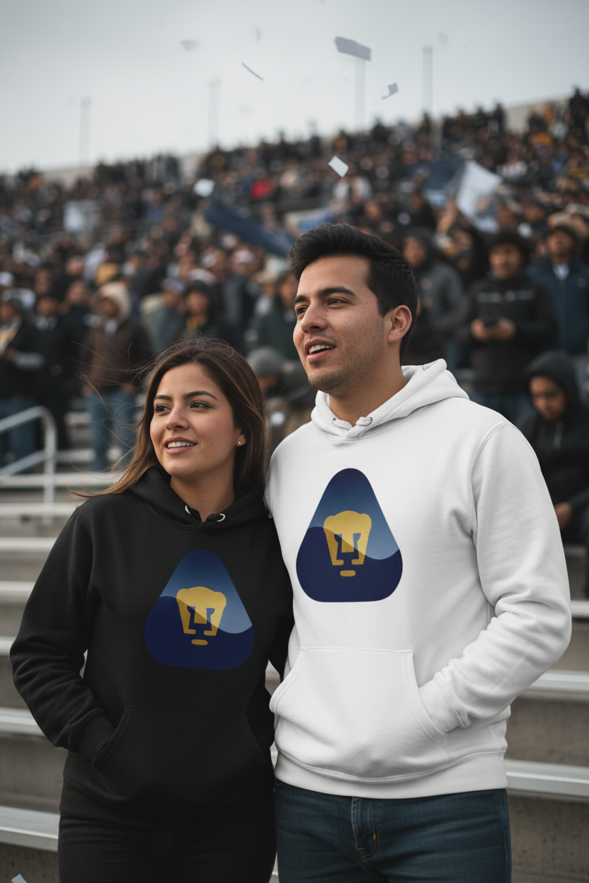 A man and a woman standing together in stadium seating, both wearing matching hoodies with a blue and gold graphic logo. The woman's hoodie is black, and the man's hoodie is white.