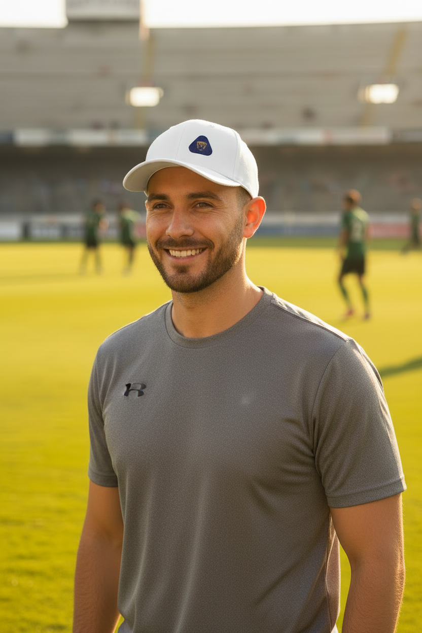 A smiling man on a sports field wearing a white Pumas UNAM cap and a gray Under Armour t-shirt, with stadium lights and seating in the background.