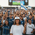 A smiling woman in the foreground at a stadium wears a white Queretaro FC bucket hat and a white t-shirt, with a crowd of fans in blue and black striped jerseys behind her waving flags.