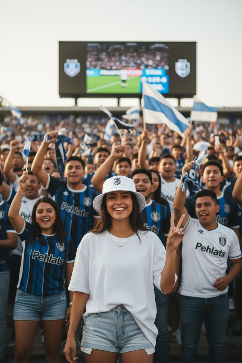 A smiling woman in the foreground at a stadium wears a white Queretaro FC bucket hat and a white t-shirt, with a crowd of fans in blue and black striped jerseys behind her waving flags.