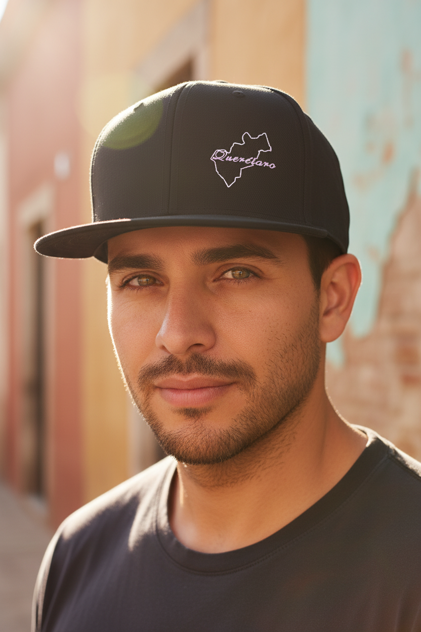 A man wearing a black baseball cap with a white outlined map graphic and the word 'Queretaro' on the front, photographed outdoors with warm sunlight and a blurred building background.